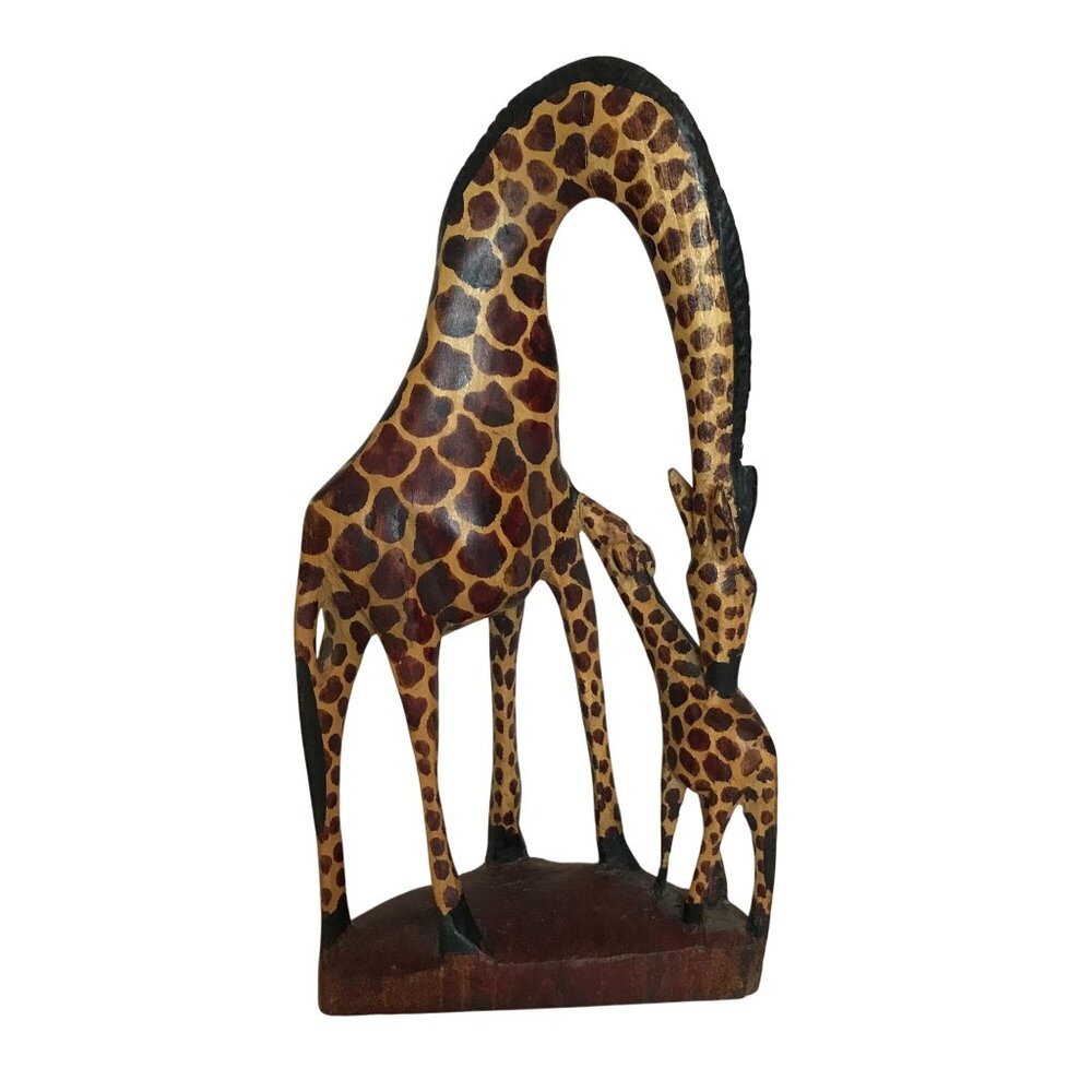 Handcrafted Wooden Giraffe & Baby Sculpture 12"